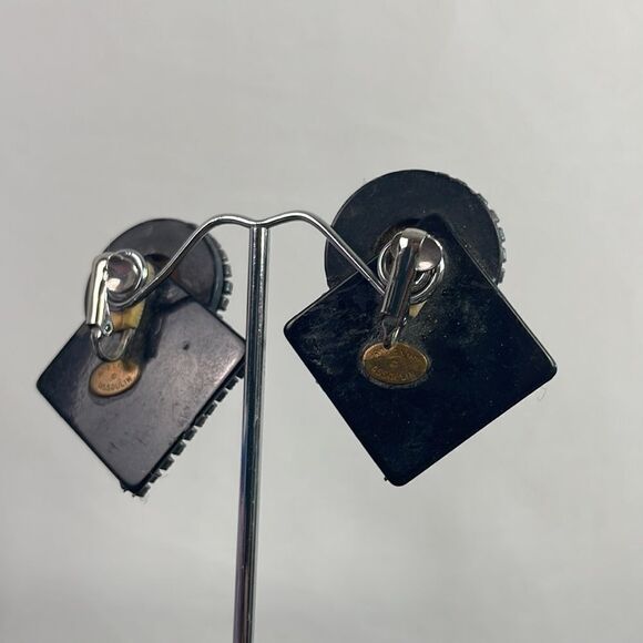 Roxanne Assoulin Signed Vintage Amber Black Clip On Earrings - Picture 3 of 4